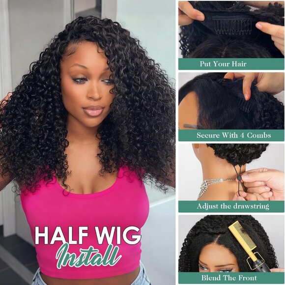 Human Hair with Seamless Flip-Over Drawstring Half Wig, 18" Natural Black - Picture 10 of 10